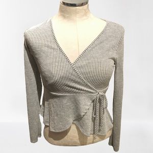 NWOT Gray White Striped Peplum Wrap Top Gray